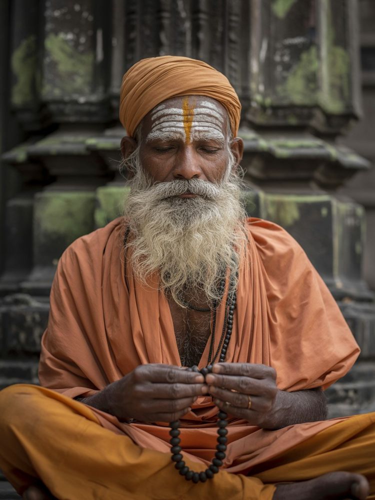 A documentary portrait photograph captures an elderly Indian Sadhu, his face a roadmap of deep lines etched by time and spiritual practice, seated in tranquil meditation. He is draped in vibrant saffron robes, with ash subtly highlighting the contours of his weathered skin and long, flowing white beard. The Sadhu's eyes are gently closed, a serene expression gracing his features as he holds a string of intricately carved prayer beads loosely in his hands. Behind him, a crumbling ancient temple wall, partially obscured by clinging moss, provides a textured backdrop bathed in soft, diffused side-lighting, enhancing the profound sense of spirituality and quiet contemplation.