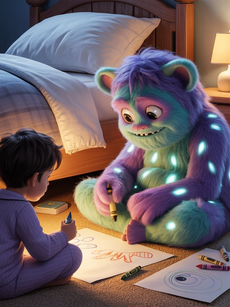A storybook illustration rendered in warm, plush textures showing a friendly monster creature sitting cross-legged on a bedroom floor beside a child's bed. The monster has soft, fuzzy purple and teal fur with gentle bioluminescent spots that cast a subtle magical glow, large innocent eyes, and small rounded horns, while delicately holding a crayon in its oversized paws as it doodles on paper alongside a pajama-clad child. The scene is captured from a low, intimate side angle at floor level, revealing scattered drawing papers, crayons, and the cozy underside of the bed where this magical friendship unfolds. Golden lamplight from a nearby nightlight mingles with the monster's gentle luminescence, creating a warm sanctuary of imagination and companionship in the child's bedroom.