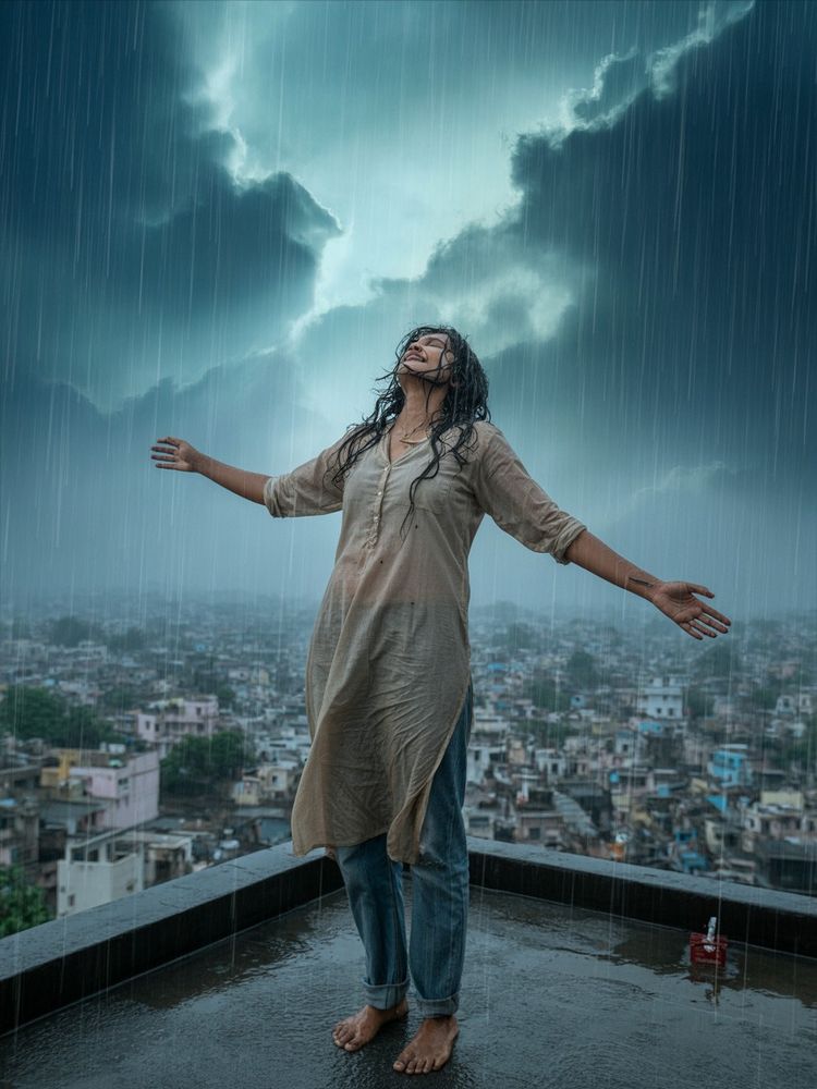 A cinematic photograph, inspired by Bollywood drama, depicts an Indian woman on a Mumbai rooftop during a monsoon downpour, arms outstretched in a gesture of liberation. She wears a simple cotton kurta and jeans, her dark hair plastered to her face and clothes clinging to her form as she closes her eyes, bathed in a moment of euphoric bliss. Torrential rain streaks across the frame, blurring the endless sprawl of the city below, while brilliant flashes of lightning illuminate the dramatic, swirling storm clouds overhead. The wide shot, taken from behind and slightly below, emphasizes the scale of the urban landscape and the powerful connection between the woman and the raw energy of the monsoon.