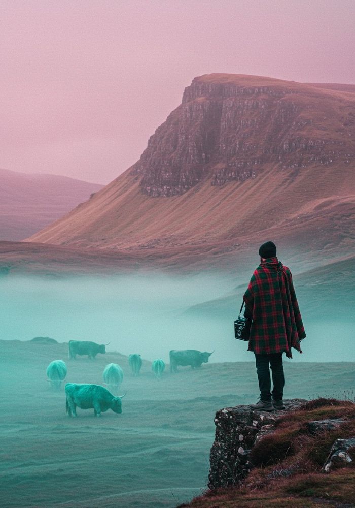 A photograph showcasing a lone figure standing on the edge of a dramatic Scottish cliff, clutching a classic Lomo LC-A camera. The figure is clad in a traditional, weathered tartan cloak, its deep greens and reds contrasting with the unusual color palette of the landscape. Below, a herd of shaggy Highland cows graze in the misty valley, their forms softened by swirling fog and rendered in electric teal and unnaturally pink hues, creating a surreal yet serene atmosphere. The scene is bathed in a diffuse, misty light, enhancing the feeling of a forgotten adventure and echoing the Lomography style's experimental charm.