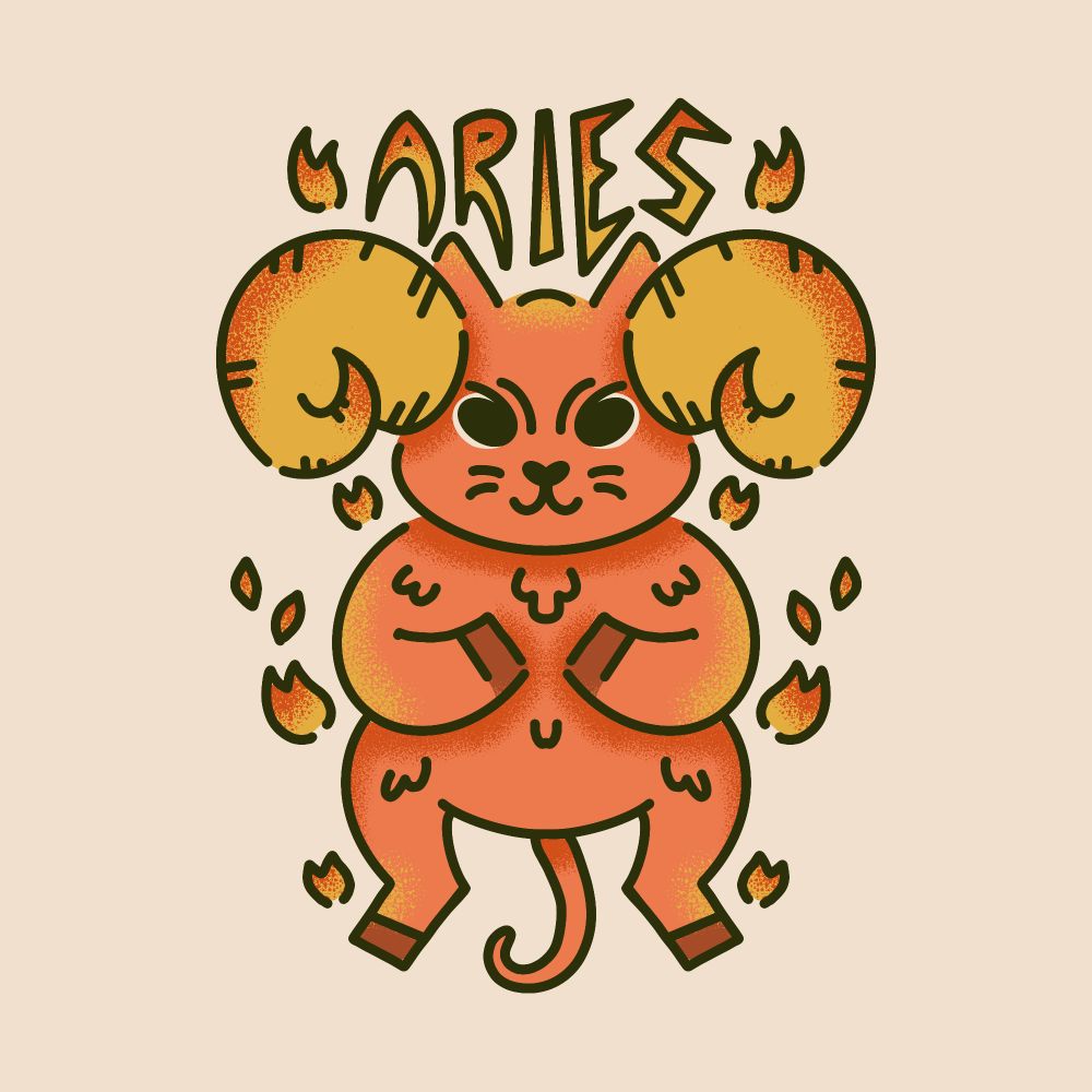 A cat/ram hybrid surrounded by bits of fire under the word "aries" 