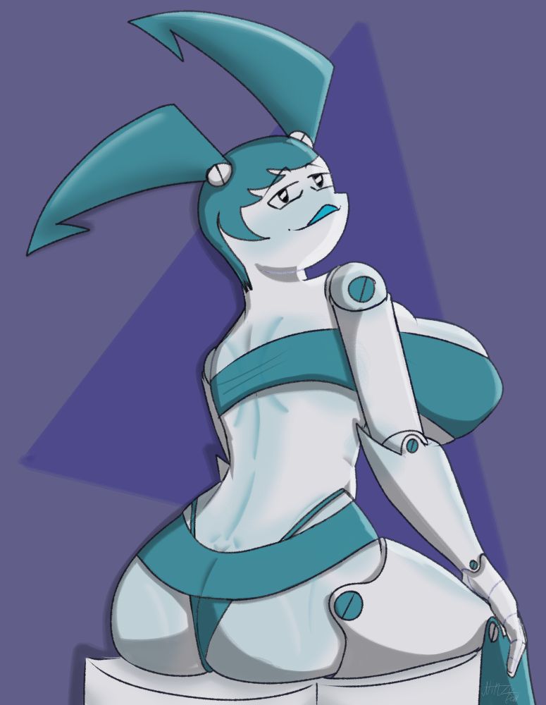 Digital drawing of Jenny from My Life As A Teenage Robot in a small tube top making her boobs bulge out from the top and bottom and a very short mini skirt showing her thong with her big ass out while sitting on a box that is flexing under her weight while looking at the camera with a slightly smug look.