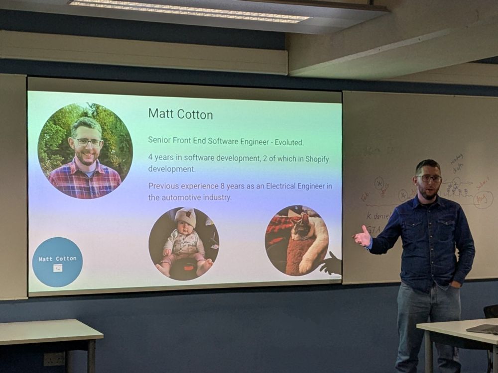 Speaker Matt Cotton introduces himself: front end software engineer.