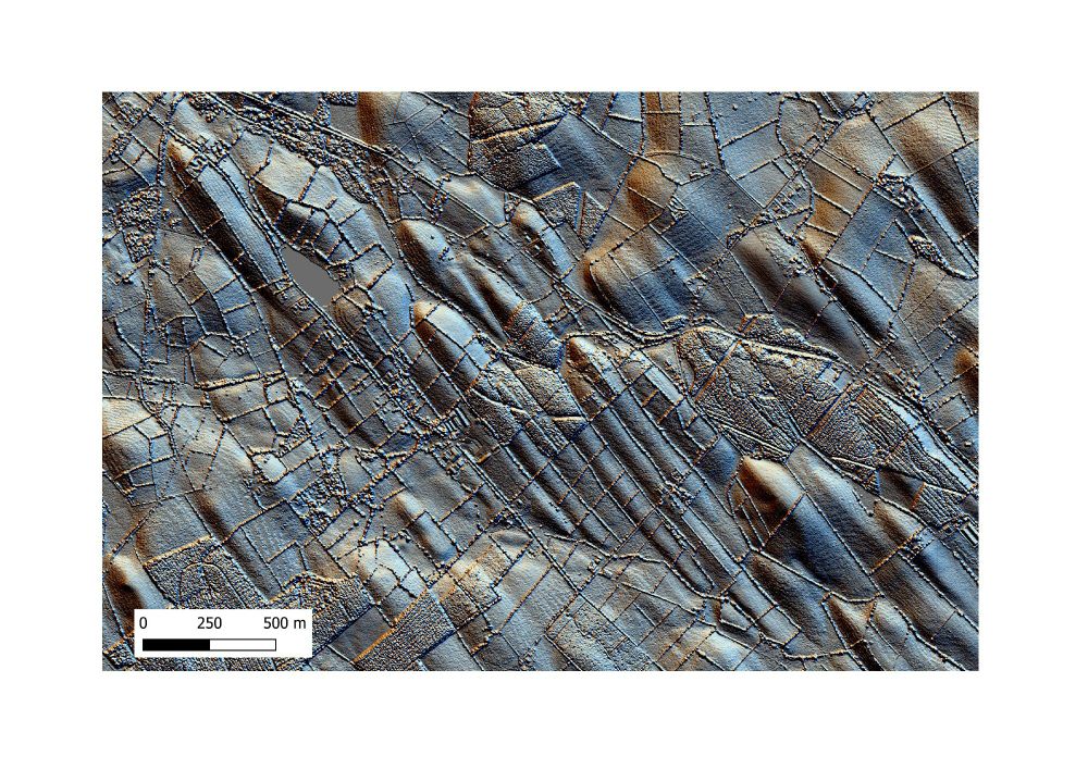 Hillshaded digital elevation model showing long, narrow drumlins and field patterns in Co. Meath, Ireland