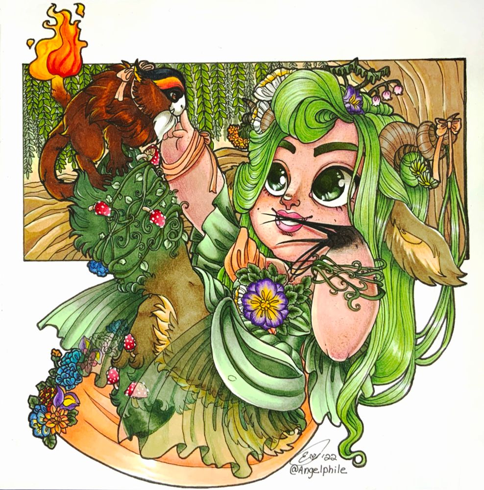 A satyr woman with green hair is floating in the air with one leg up on which a fire monkey is perched. (Fearne Calloway and Mister)