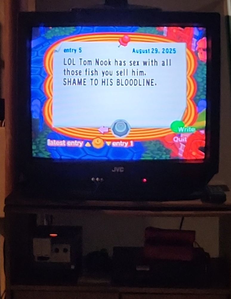 Screenshot of a bulletin board message from the video game "Animal Crossing" for the Nintendo GameCube, displayed on a CRT Television. The message reads "LOL Tom Nook has sex with all those fish you sell him. SHAME TO HIS BLOODLINE."
I am not as ashamed as I maybe ought to be.