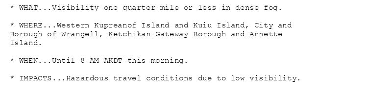 * WHAT...Visibility one quarter mile or less in dense fog.

* WHERE...Western Kupreanof Island and Kuiu Island, City and
Borough of Wrangell, Ketchikan Gateway Borough and Annette
Island.

* WHEN...Until 8 AM AKDT this morning.

* IMPACTS...Hazardous travel conditions due to low visibility.