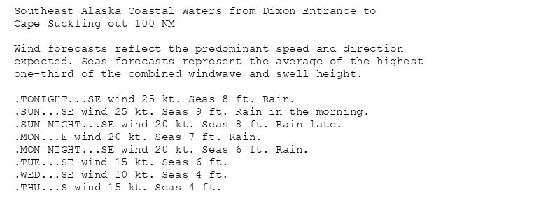 Southeast Alaska Coastal Waters from Dixon Entrance to
Cape Suckling out 100 NM

Wind forecasts reflect the predominant speed and direction
expected. Seas forecasts represent the average of the highest
one-third of the combined windwave and swell height.

.TONIGHT...SE wind 25 kt. Seas 8 ft. Rain.
.SUN...SE wind 25 kt. Seas 9 ft. Rain in the morning.
.SUN NIGHT...SE wind 20 kt. Seas 8 ft. Rain late.
.MON...E wind 20 kt. Seas 7 ft. Rain.
.MON NIGHT...SE wind 20 kt. Seas 6 ft. Rain.
.TUE...SE wind 15 kt. Seas 6 ft.
.WED...SE wind 10 kt. Seas 4 ft.
.THU...S wind 15 kt. Seas 4 ft.