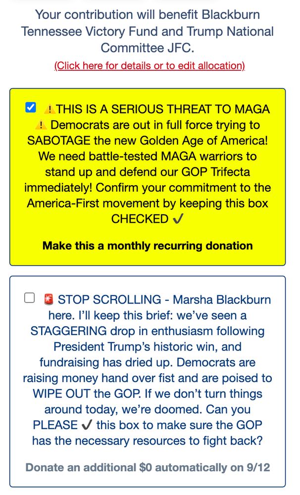 A screenshot from a website in which Marsha Blackburn says there's been a "STAGGERING drop in enthusiasm following Trump's historic win, and fundraising has dried up."  She says the GOP is getting wiped out. 