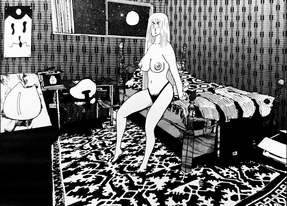 Black and white drawing of Akane sitting on the bed about to get up with a shocked look on her face she’s only wearing a pair of black underwear. 