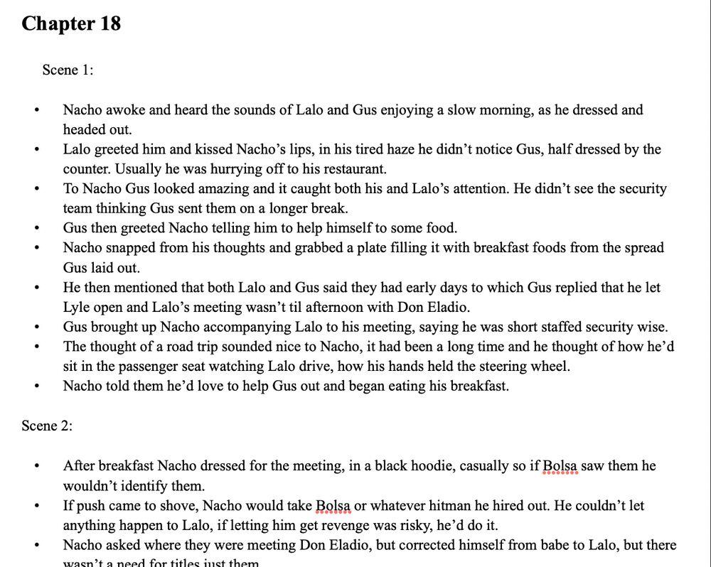 An outline of words on a white background for Chapter 18 showing the scenes and what's contained in them.