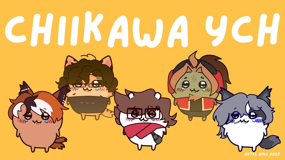 Crying Chiikawa YCH (Your character here) 5 Illustrated characters drawn in the cutesy artstyle of the beloved cartoon ang manga Chiikawa.  All of them are crying pathetically. 