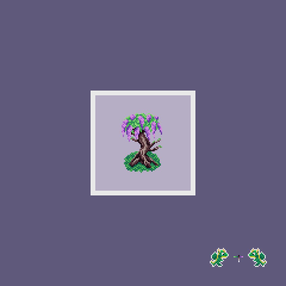 A pixel art wisteria tree within a polaroid frame