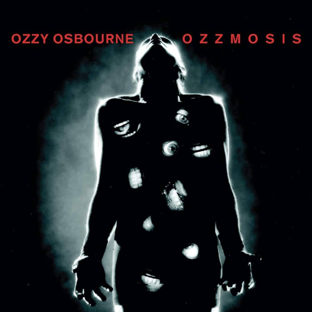 The cover of Ozzy Osbourne's album. It shows the dark outline of a man, and covering his body are disturbing images of eyeballs and teeth and other things.
