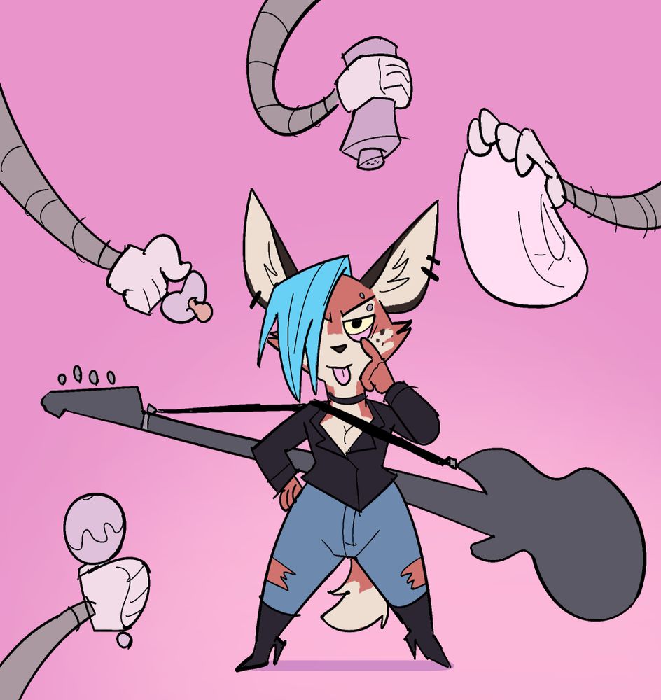 a fennec fox with a big bass guitar making a rude gesture and about to get overwhelmed by auto-nursery hands holding pacifiers and diapers and other embarrassing baby stuff