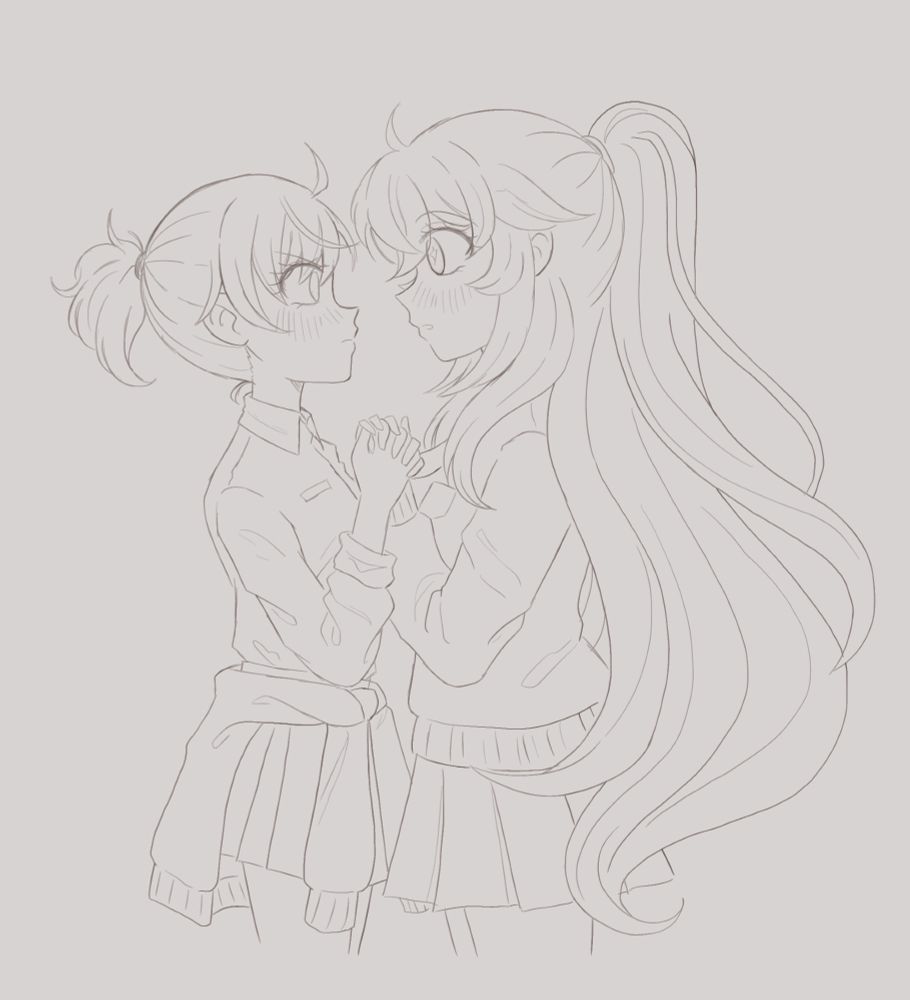 sketch of mikoto and misaki clasping hands, fingers laced