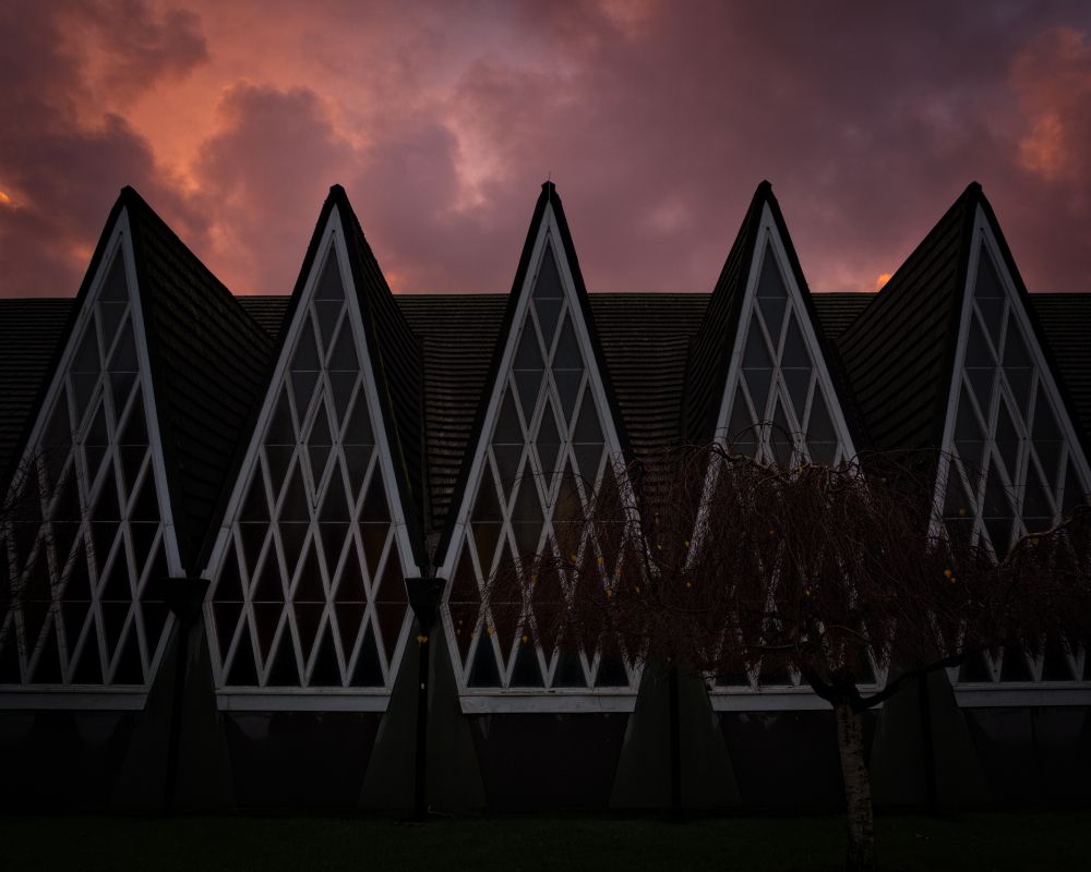 Church and tree against a strong sunset