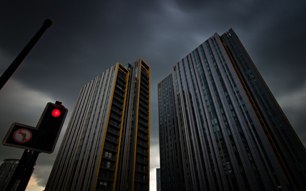 Manchester apartments and traffic lights, long exposure, wide shot