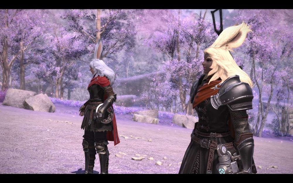 screenshot of FF14 cutscene from Shadowbringers with two viera women, the one in the background with white hair is Lyna, a NPC from the game. The one in the foreground with blonde hair is my player character