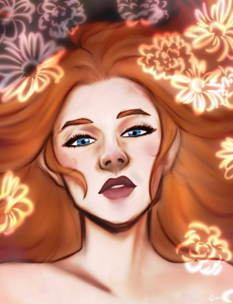 Portrait of a woman with long red hair flowing around her face along with magical, glowing flowers. She has blue eyes, freckles, and sweet lips. Her expression is curious and a little daring.