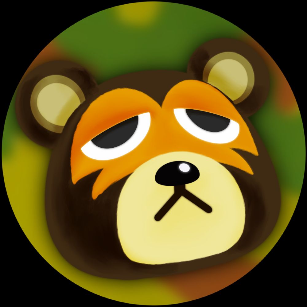 Portrait of Ike from Animal Crossing; he is a stoic bear with a tan muzzle and inner ears with an orange mask around his eyes.