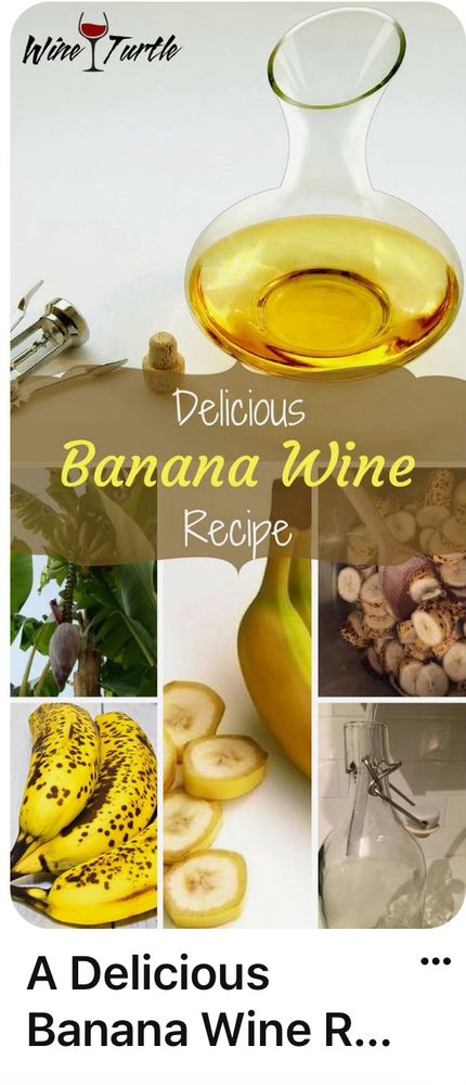 Pictures of bananas and a glass of yellow liquid, with the title “delicious banana wine recipe”