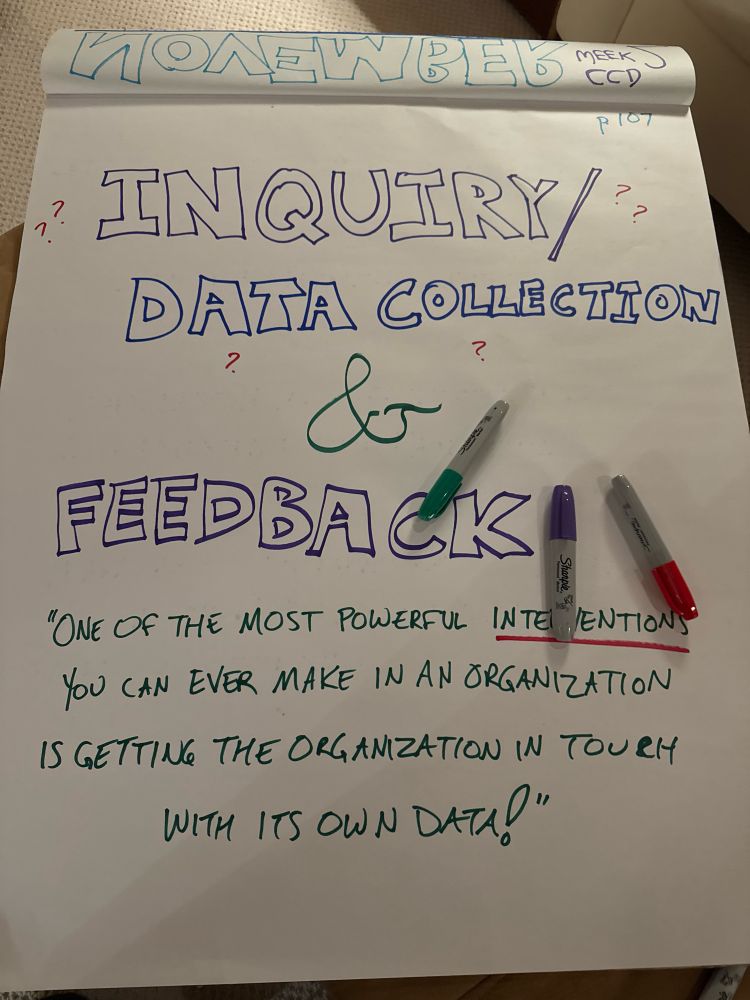 A large piece of newsprint with these words written in colored marker: Inquiry/Data Collection & Feedback. “One of the most powerful interventions you can ever make in an organization is getting the organization in touch with its own data!”