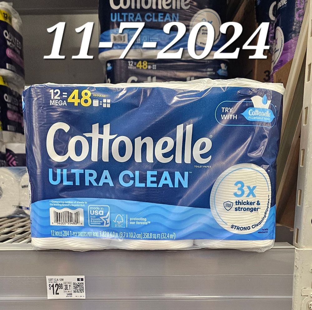 The price of a 12 count pack of Cottonelle mega rolls at a Walmart in North Texas on 11-7-2024. $12.98