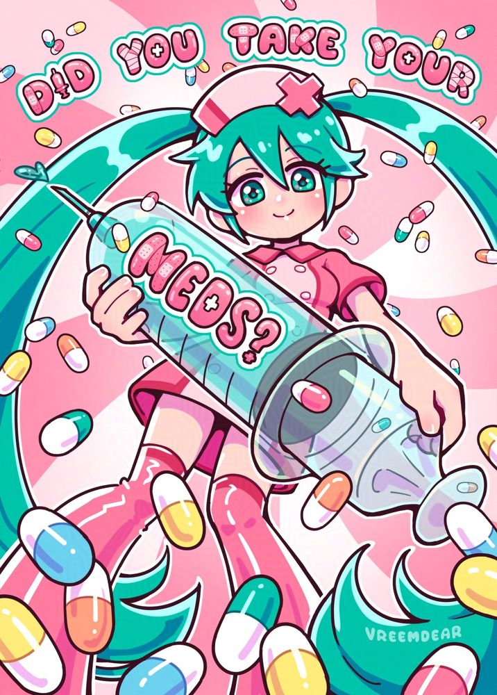 A drawing of Hatsune Miku dressed in her Love Ward outfit. She is holding a giant syringe and is surrounded by capsule pills. The text reads "Did you take your meds?"
薬を飲みましたか？
「LOVE WARD」の初音ミク