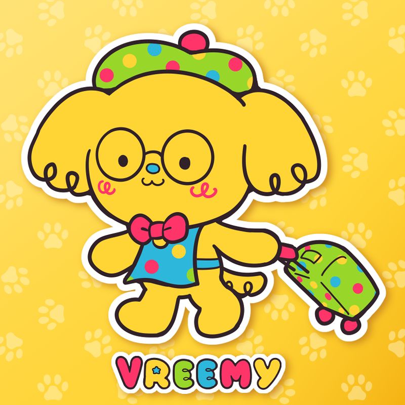 A drawing of Vreemy dragging along a wheeled suitcase. They are the mascot for Vreemdear.