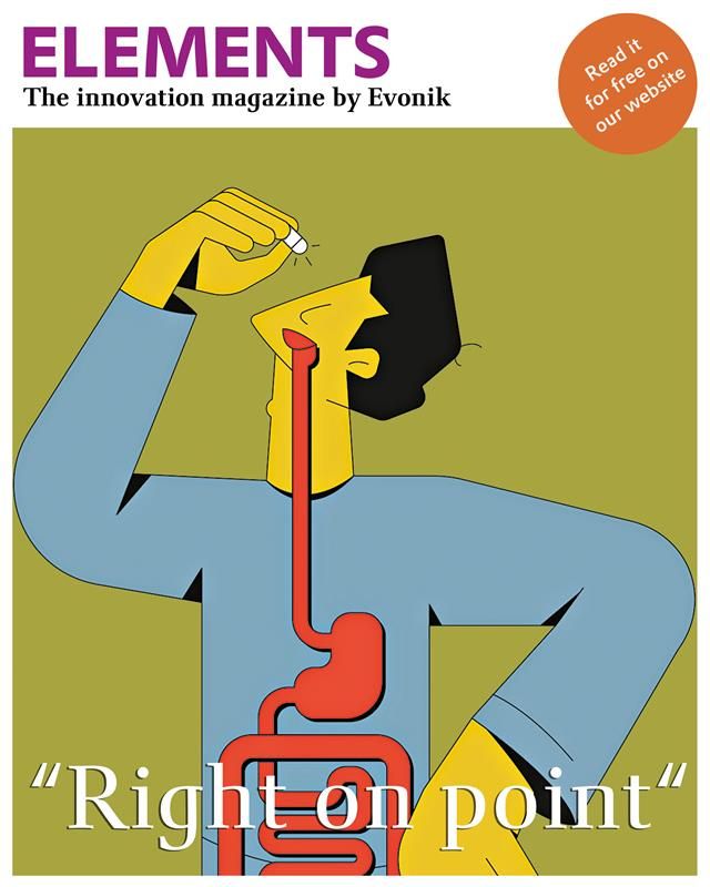 Illustration of a person taking a capsule. The digestive tract is schematically shown, highlighting the colon. Text: "Right on point". Top: ELEMENTS – The Innovation Magazine by Evonik. Note: "Read for free on our website."