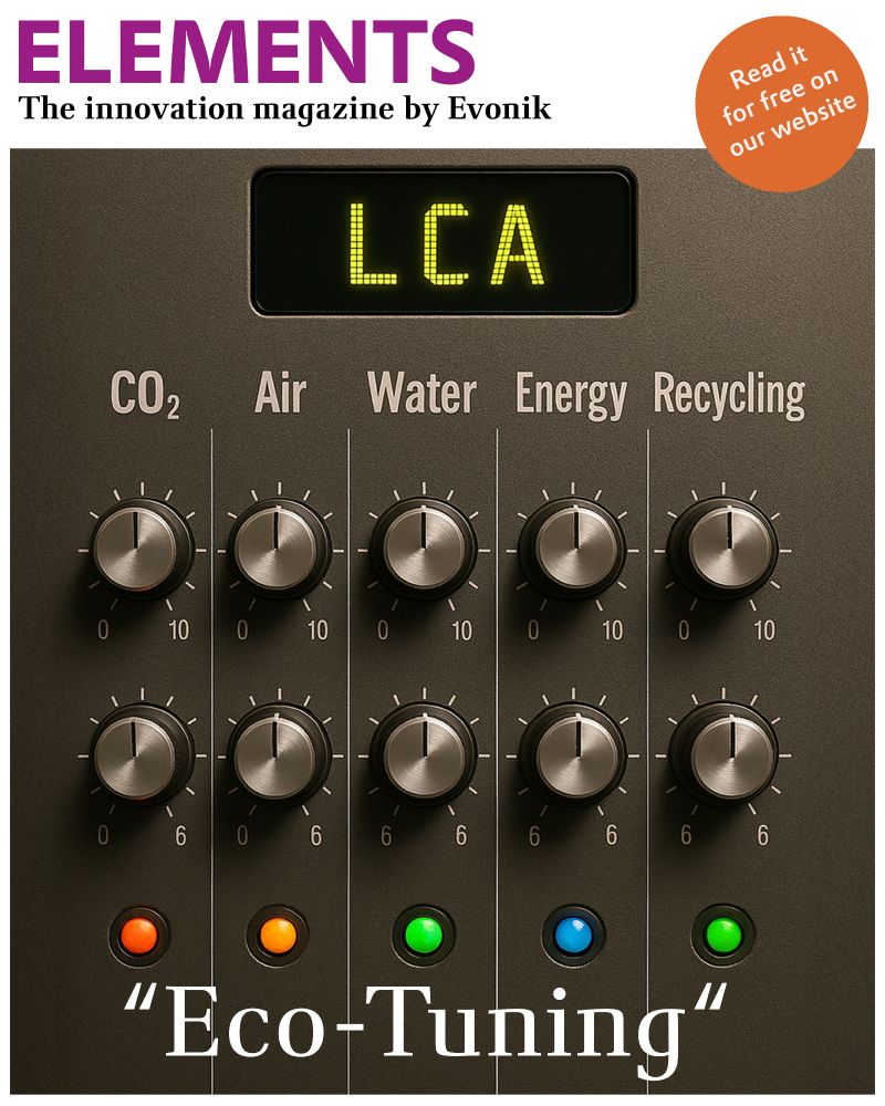 The cover of the innovation magazine "ELEMENTS" by Evonik features a control panel with the title "LCA" displayed prominently. Various knobs are labeled for CO₂, Air, Water, Energy, and Recycling, each set to different values. Below the panel, the phrase "Eco-Tuning" is written in a bold font. In the top right corner, there is a note indicating that the magazine can be read for free on their website.