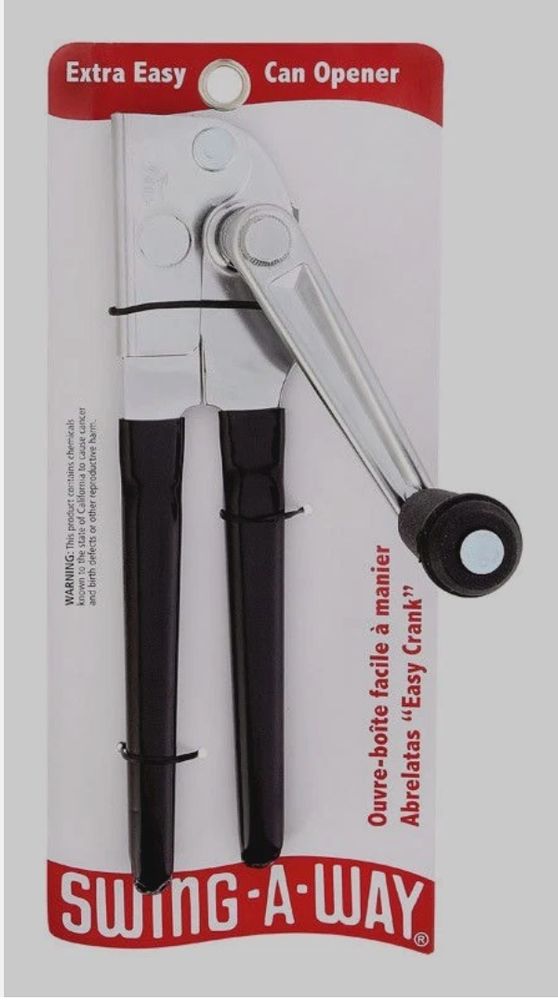 Swing-a-way Extra Easy can opener. It has a long hand crank handle to turn instead of the shorter, symmetrical knob that's more typical on can openers. 