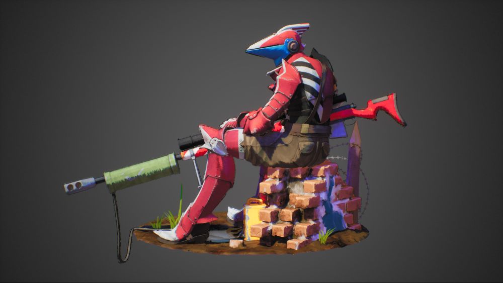 A stylized knight in red armor with accents of white, black, and blue. He sits on a chunk of broken brick wall holding a massive water-cooled sniper rifle, also painted red. 