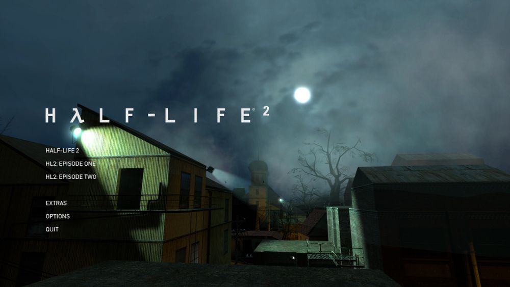The menu screen for Half-Life 2 showing a scene from Ravenholm