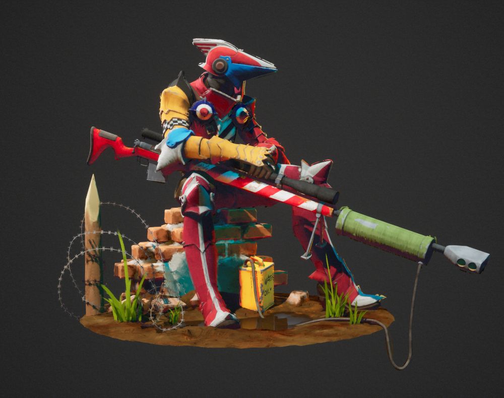 A stylized, sketchy looking 3D model of a red knight with a huge sniper rifle chilling on a section of broken wall