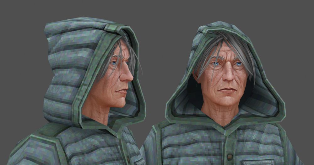 A closeup of the character's face.
