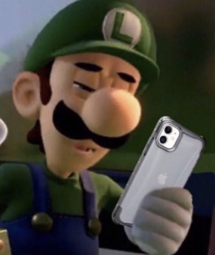 luigi looking at a phone and squinting, confused
