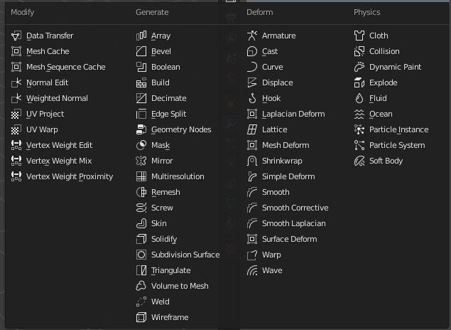 The default Blender modifiers menu. All items have gray icons and it's difficult to differentiate between them unless you closely read every name