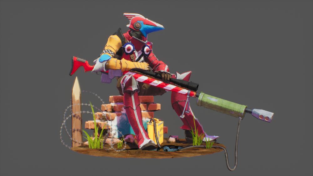 A highly stylized 3D knight character wearing red and white armor and brandishing a huge water cooled sniper rifle