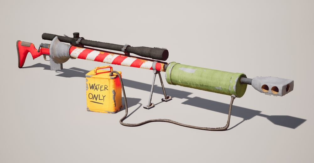 A 3D model of a fantastical sniper rifle with a stock that looks like a lance for jousting and a water cooling tank on the barrel attached to a yellow canister that says WATER ONLY

It's rendered to look like scratchy concept art, and there are lots of brushy marks and rough outlines that disappear
