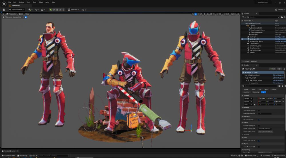 A screenshot from Unreal Engine 5 showing three models of a highly stylized knight wearing red armor