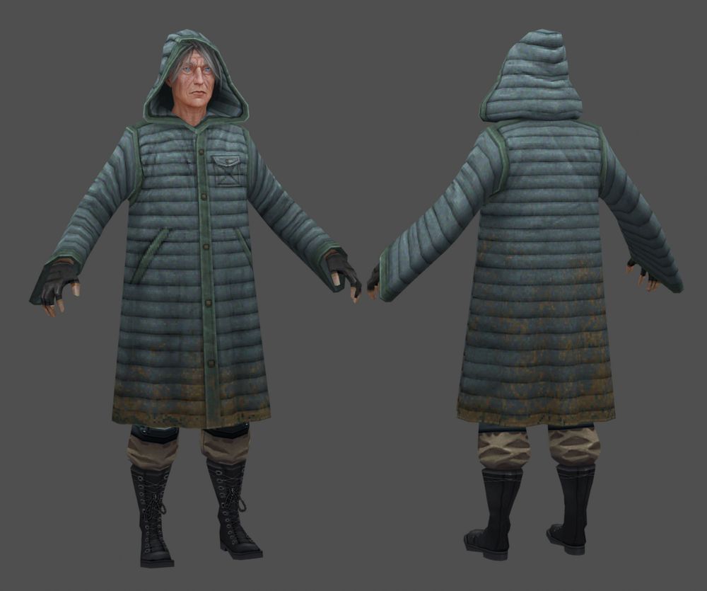 A PS2-spec character in a blue-gray poncho with a puffer jacket feel to it. There's lots of dirt and grime around the edge and the textures are very low res and pixelated.