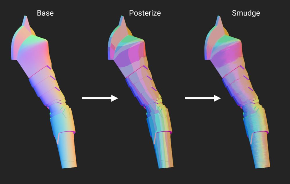 A screenshot of three 3D armored arms showing object space normals. 

On the far left, labeled Base, is an arm with smooth color gradients. 

In the middle, labeled Posterize, is the same arm with fewer colors in big bands.

 On the right, labeled Smudge, is the posterized normal map with smudges to turn it into something that looks painted.