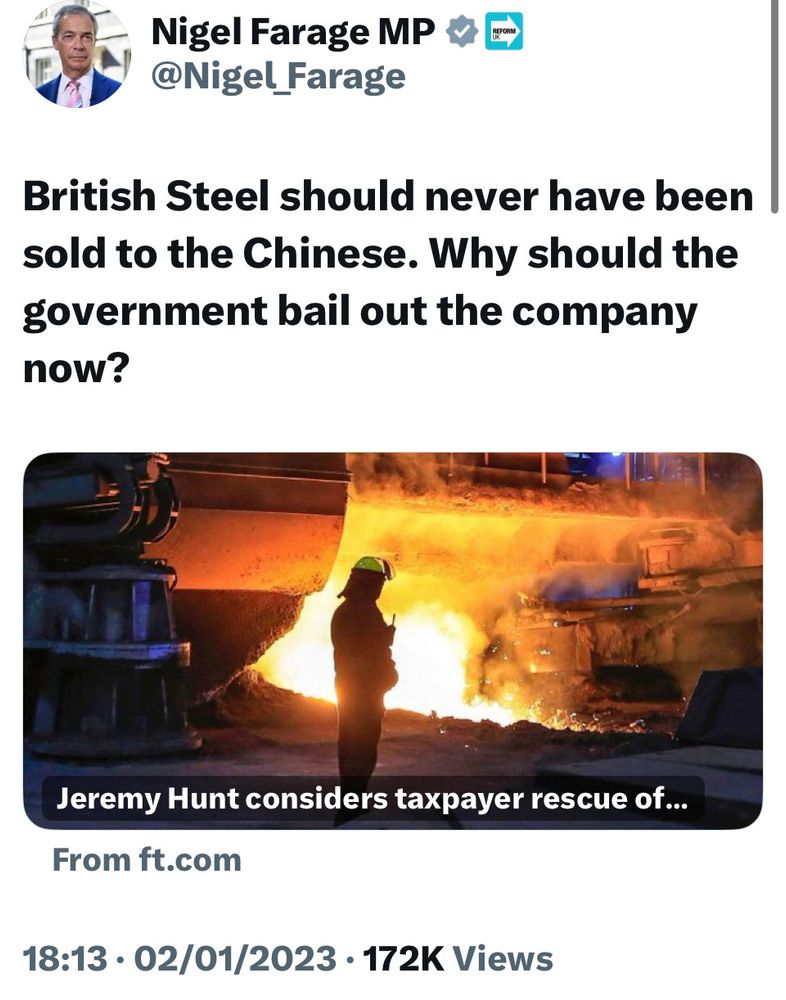 A screenshot of a social media post from Nigel Farage MP saying the U.K. government shouldn’t support British steelworkers.