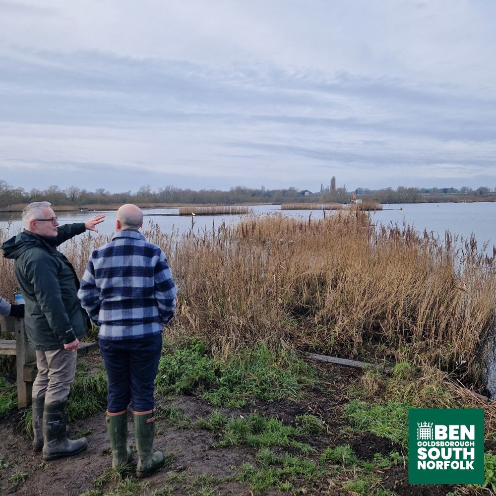 Ben Goldsborough MP for South Norfolk standing on the bank of the Rockland Marshes