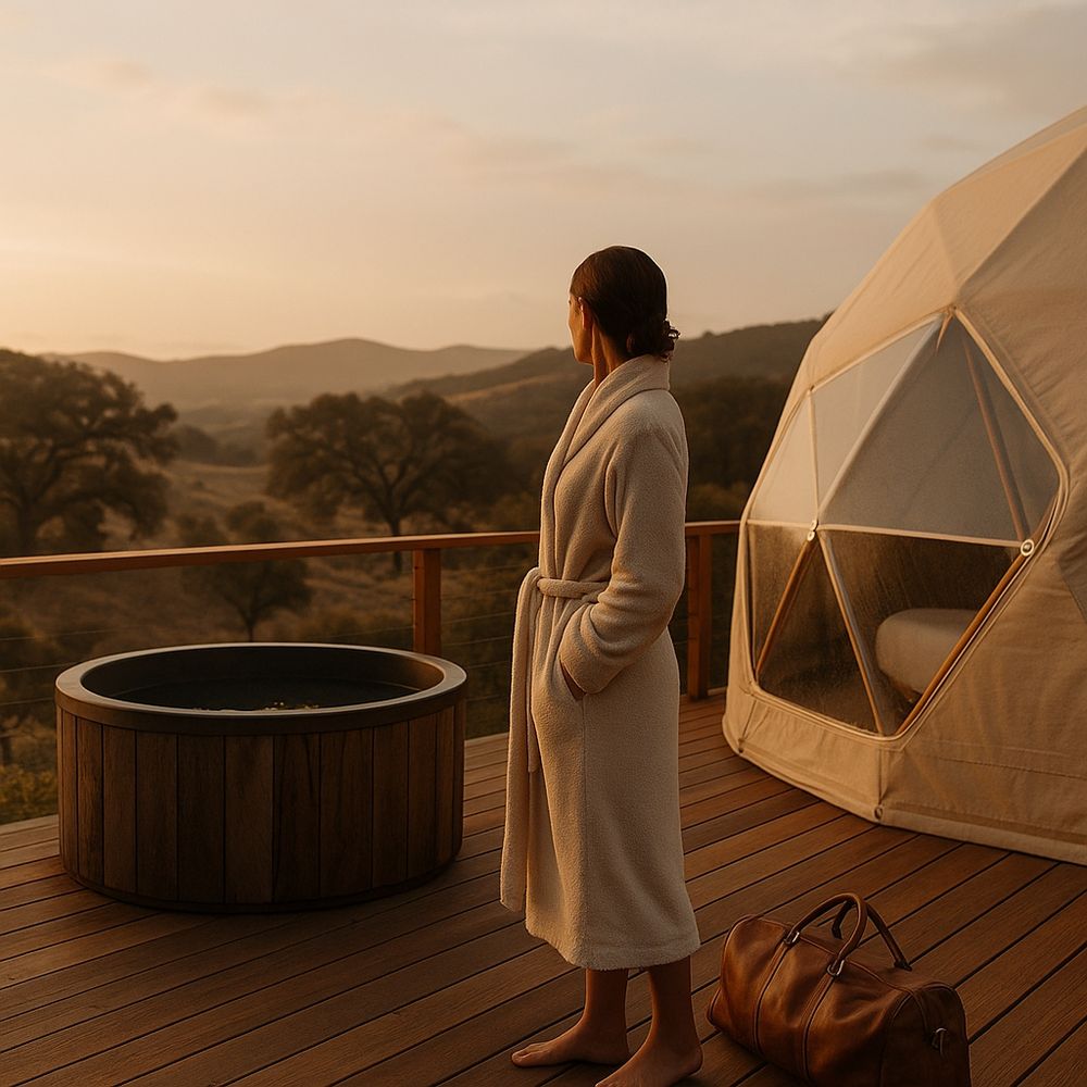 Woman on a deck next to a hot tub and dome villa 
