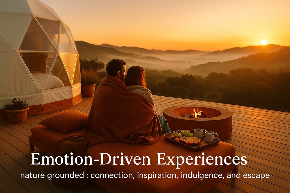 Couple looking at a sunset on a deck in front of a fire pit next to a geodesic dome 