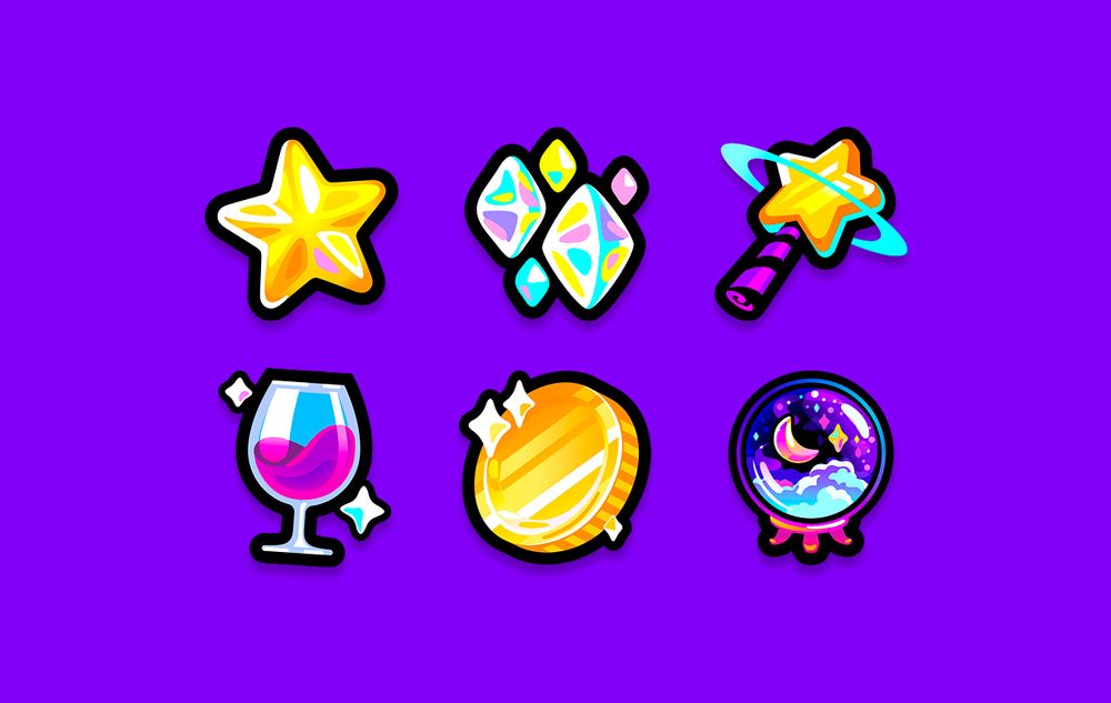 a 3x2 grid of icons: a gold star, 5 diamond shaped crystals, a star shaped magic wand, a swirling glass of wine, a gold coin, and a crystal ball containing the night sky