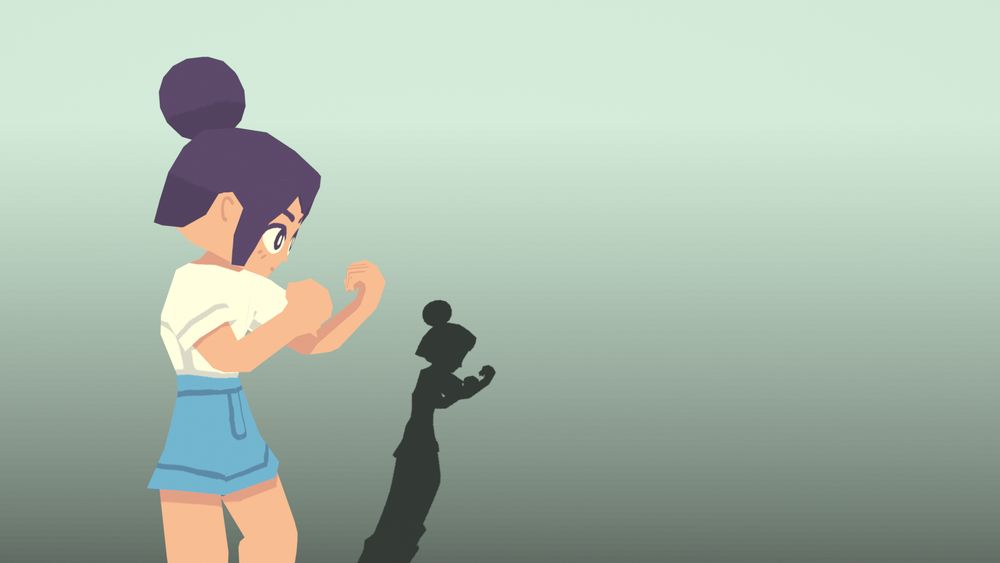 3D render of a low-poly character with their fists up